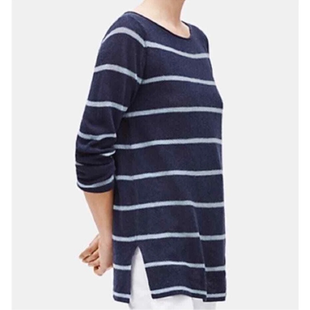 Eileen Fisher Women's Navy Striped Boat Neck Pullover Sweater Size XS wool blend - Picture 2 of 9